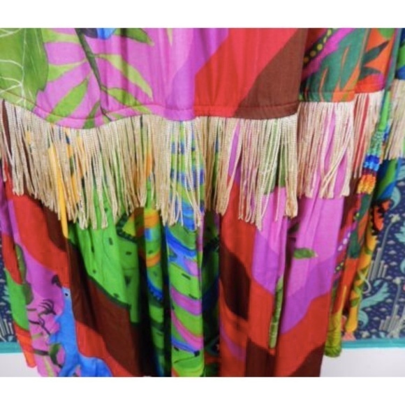 Farm Rio Anthropologie Palila Empire Waist Fringe Colorful Tropical Dress - Picture 8 of 10